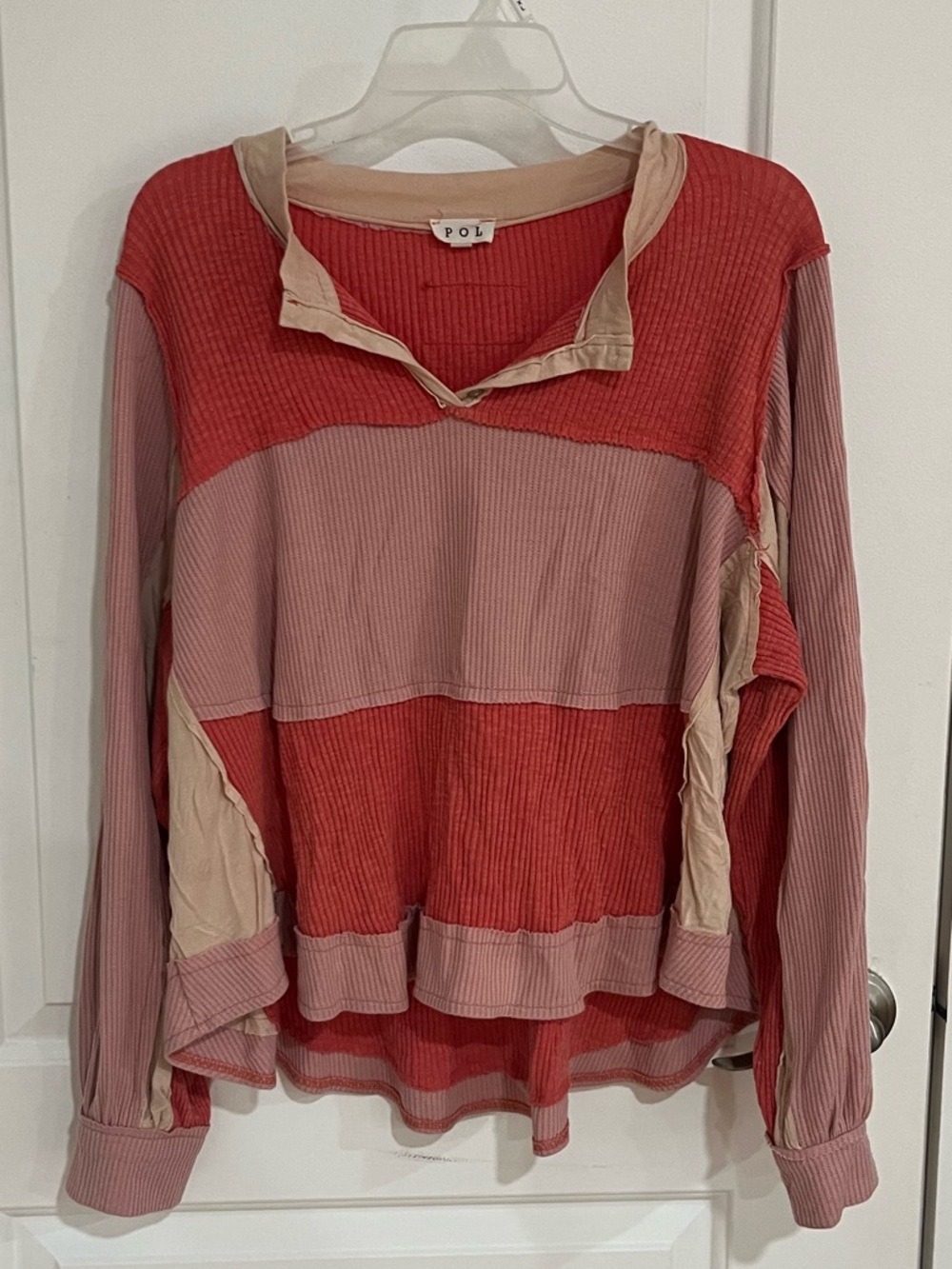 POL Striped Waffle-Knit Colorblock Blouse in Coral, Blush & Cream